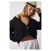 Happiness İstanbul Women's Black Motif Buttoned Crop Knitwear Cardigan