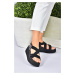 Fox Shoes Black Fabric Band Sandals with a thick soled sole