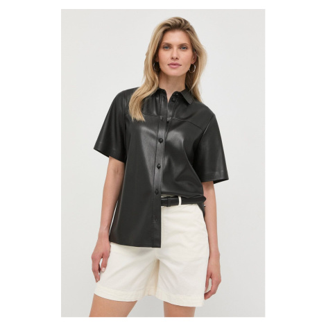 Košeľa BOSS dámska, čierna farba, voľný strih, s klasickým golierom Hugo Boss
