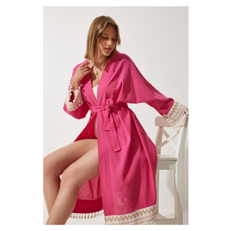 Happiness İstanbul Women's Dark Pink Tassel Guipure Detailed Long Linen Kimono