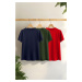 Trendyol Dark Navy Blue-Khaki-Red Basic Slim/Slim Fit 100% Cotton 3 Pack T-Shirt