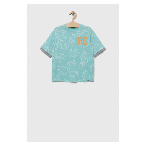 Detské bavlnené tričko United Colors of Benetton tyrkysová farba, s potlačou