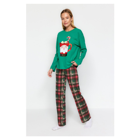 Trendyol zelená 100% bavlnená súprava s vianočnou témou - tričko, nohavice a pletené pyžamo