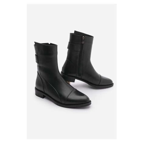 Marjin Women's Genuine Leather Casual Boots with Zipper, Black.