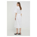 Bavlnené šaty United Colors of Benetton biela farba, midi, áčkový strih