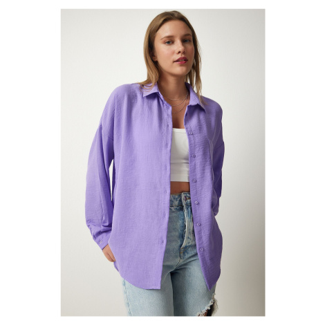 Happiness İstanbul Women's Lilac Oversize Linen Ayrobin Shirt