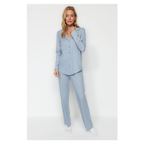 Trendyol Blue 100% Cotton Gingham Knitted Pajama Set