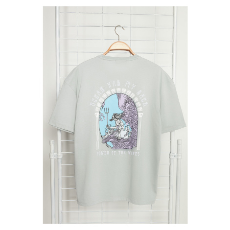 Trendyol Plus Size Grey Oversize/Wide Cut Art Printed 100% Cotton T-Shirt