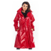 Dlhá dámska vinylová bunda červenej farby s vysokým golierom