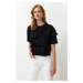 Trendyol Black 100% Cotton Ruffle Detailed Relaxed/Comfortable Fit Short Sleeve Knitted T-Shirt