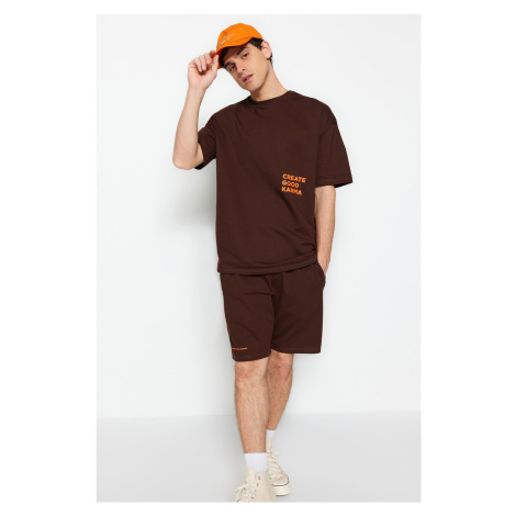 Trendyol Brown Tracksuit Set Relaxed/Comfortable Cut Text Printed Cotton