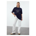 Trendyol Navy Blue 100% Cotton Color Blocked Slogan Oversize/Wide Pattern Knitted T-Shirt