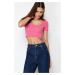 Trendyol Pink Pool Collar Baby Overlock Detailed Crop Ribbed Stretchy Knitted Blouse