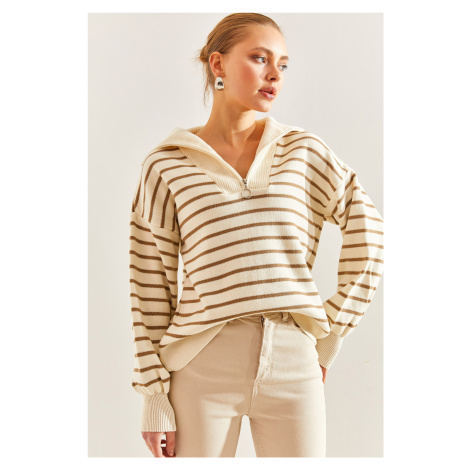 Bianco Lucci Women's Striped Zipper Knitwear Sweater