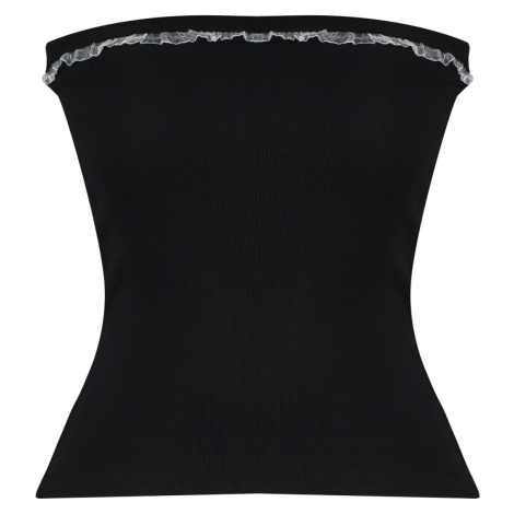 Trendyol Black Ribbed Strapless Collar Woven Garnished Fitted Cotton Flexible Crop Knitted Blous