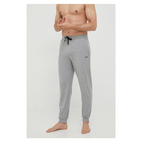 Pyžamové nohavice BOSS pánske, šedá farba, s nášivkou Hugo Boss