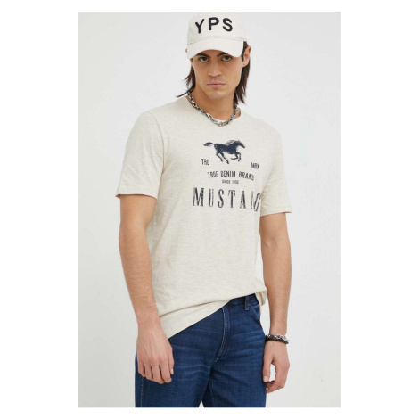 Bavlnené tričko Mustang béžová farba, s potlačou