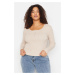 Trendyol Curve Beige U Neck Snap Detailed Knitted Crop Blouse