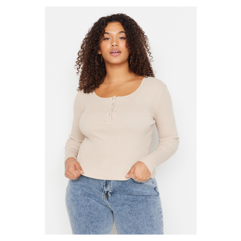 Trendyol Curve Beige Pool Collar Snap Detailed Knitted Crop Plus Size Blouse