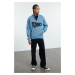 Trendyol Blue Stand Collar Oversize/Wide Cut Stand Collar Zippered Text Embroidered Sweatshirt