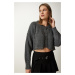 Happiness İstanbul Women's Gray Ripped Detailed Buttoned Crop Knitwear Cardigan