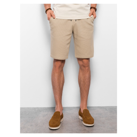Ombre Men's knitted shorts with decorative elastic waistband - beige