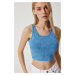 Happiness İstanbul Women's Blue Barter Neck Washed Crop Knitted Blouse