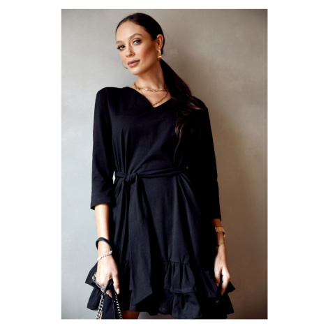 Simple black dress with ruffles and belt FASARDI