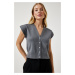 Happiness İstanbul Women's Gray Buttoned Short Knitwear Vest