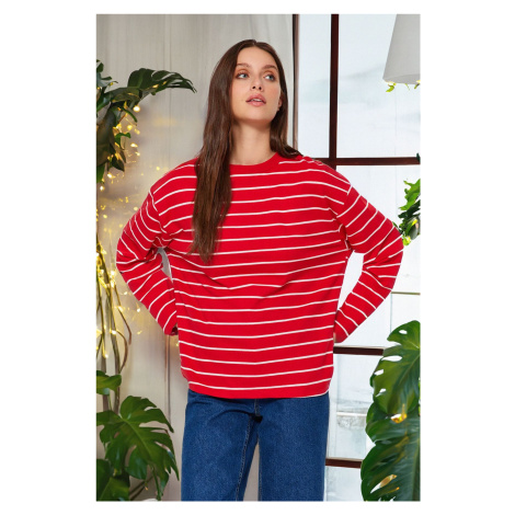 Trendyol Red Striped Oversize/Wide Cut Crew Neck Thin Knitted Sweatshirt