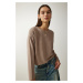 Happiness İstanbul Women's Dark Beige Soft Textured Crop Knitted Blouse