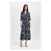 DEFACTO Shirt Collar Patterned Linen Blend Half Sleeve Midi Dress