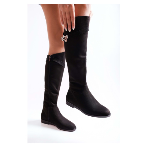 Shoeberry Women's Meroni Black Suede Buckled Boots, Black Suede