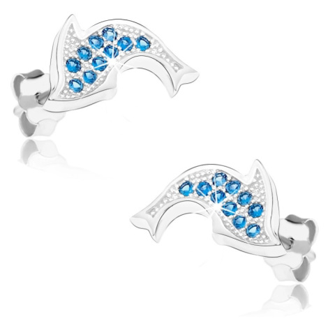 Ródiované náušnice zo striebra 925, ligotavý delfín, modré zirkóniky