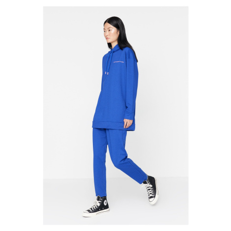 Trendyol Saxe Blue Hoodie With Print Detailed Knitted Tracksuit Set
