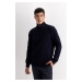 DEFACTO Navy Blue Standard Fit Regular Cut Bato Collar Zippered Basic Plain Knitwear Sweater