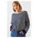 Bianco Lucci Women's Striped Shoulder Buttoned Sweater