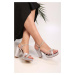 Shoeberry Women's Cesa Silver Satin Stones Platform Heels Shoes