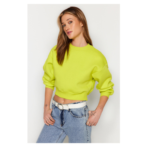 Trendyol Yellow Comfortable Cut Crop Basic Crew Neck Thick Fleece Inside Knitted Knitted Sweatsh
