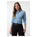 Trendyol Blue Striped Front Gathered Fitted Waist Crop Woven Shirt