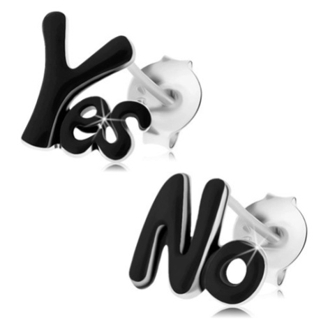 Strieborné 925 náušnice, nápisy Yes a No, lesklá čierna glazúra