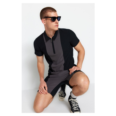 Trendyol Black-Grey Regular/Normal Fit Textured Anti-Wrinkle Zippered Polo Neck T-Shirt