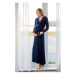 Dlhé tmavomodré elegantné tehotenské šaty s mašľou vo výpredaji