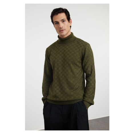 Trendyol Khaki Slim Fit Turtleneck Plaid / Checked Knitwear Sweater