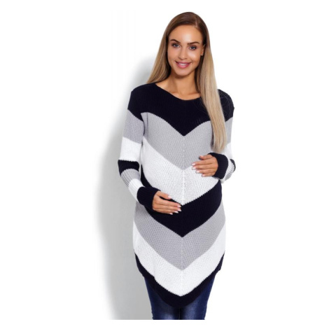 Tehotenský tmavomodrý zaoblený dlhý sveter so šikmými pruhmi