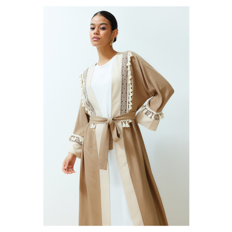 Trendyol Brown Belted Embroidery Detailed Crinkle Woven Kimono & Kaftan & Abaya