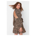 Trendyol Camel Ruffles and Low-Cut Back Skater/Waistband Printed Ribbed Mini Knit Dress
