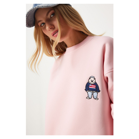 Happiness İstanbul Women's Pink Embroidered Crest Raised Oversize Sweatshirt