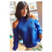 Olalook Women's Sax-Blue Half Turtleneck Open-Shoulder Loose Knitwear Sweater for Women