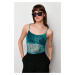 Trendyol Dark Green Patterned Fitted/Sleeping Strap Crop Knitted Blouse